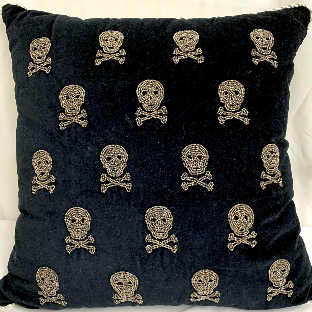 NEW Black Beaded Skull and Crossbones Decorative Halloween Rhinestone Pillow
